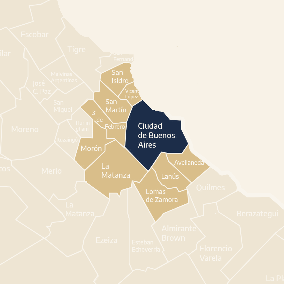 Mapa del Primer Cordón del Área Metropolitana de Buenos Aires cubierto por Siempre Cuidar